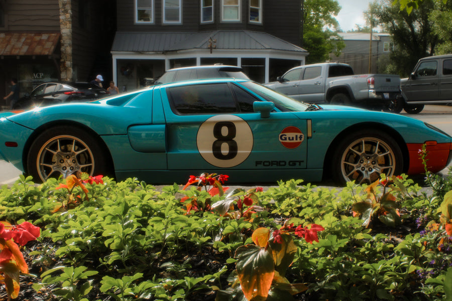 Turquoise number 8 Gulf Ford GT behind red garden flowers, photographed by Jordan Lombard
