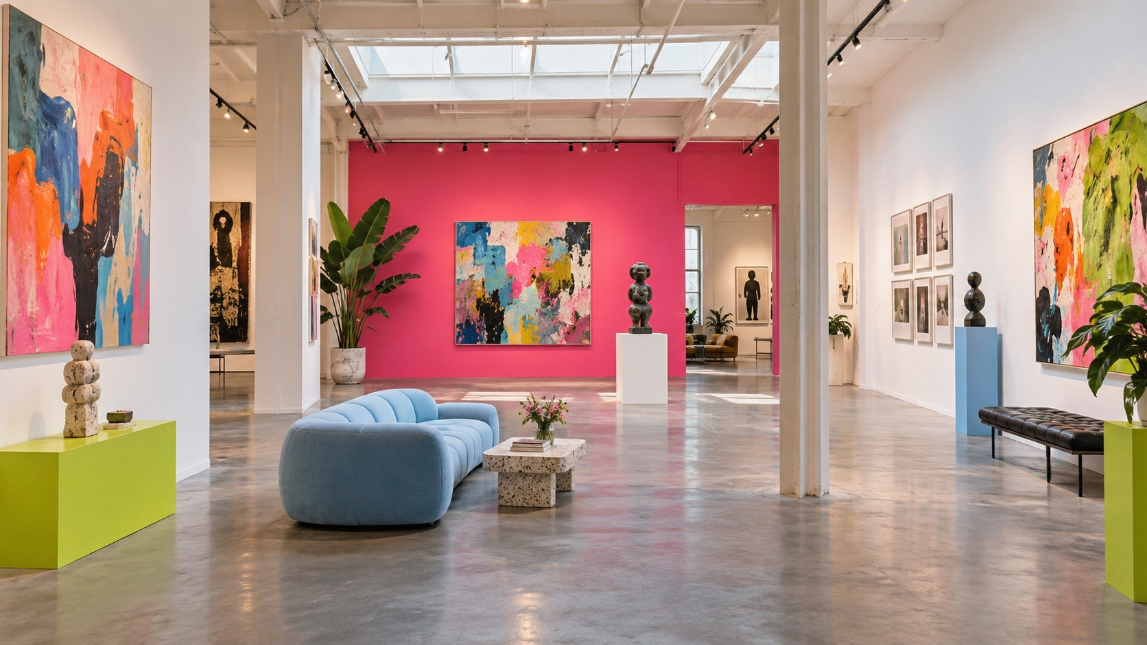 A colorful contemporary gallery interior with bold paintings, sculpture, and playful seating